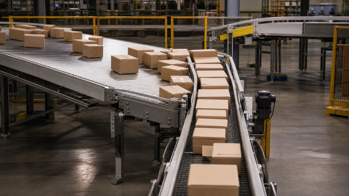 Packages bunching at a narrow transfer point on an industrial conveyor