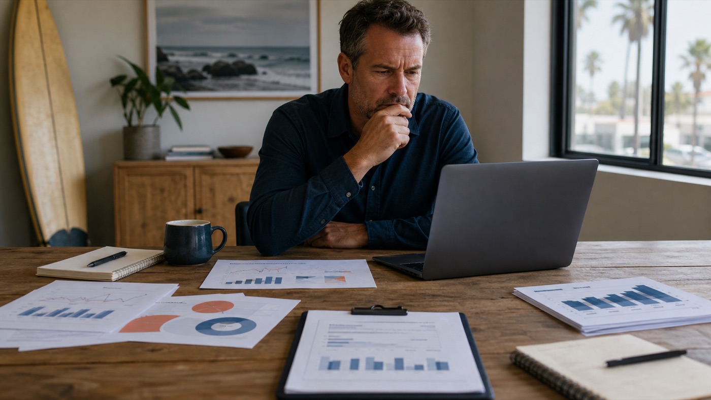 Business owner comparing disconnected analytics reports without a clear next action