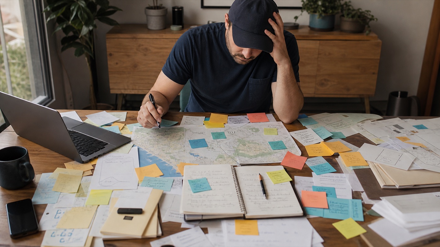 Small-business owner sorting through scattered content ideas and service-area notes