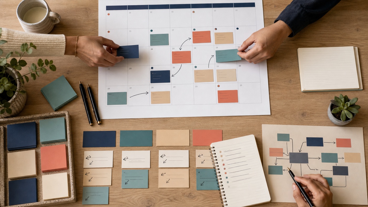 Top-down view of a publishing calendar being organized with color-coded content cards